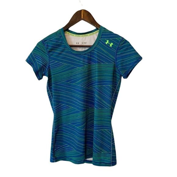 Under Armour Blue Yellow Stripes Fitted Heatgear Round Neck T-shirt - Picture 1 of 8